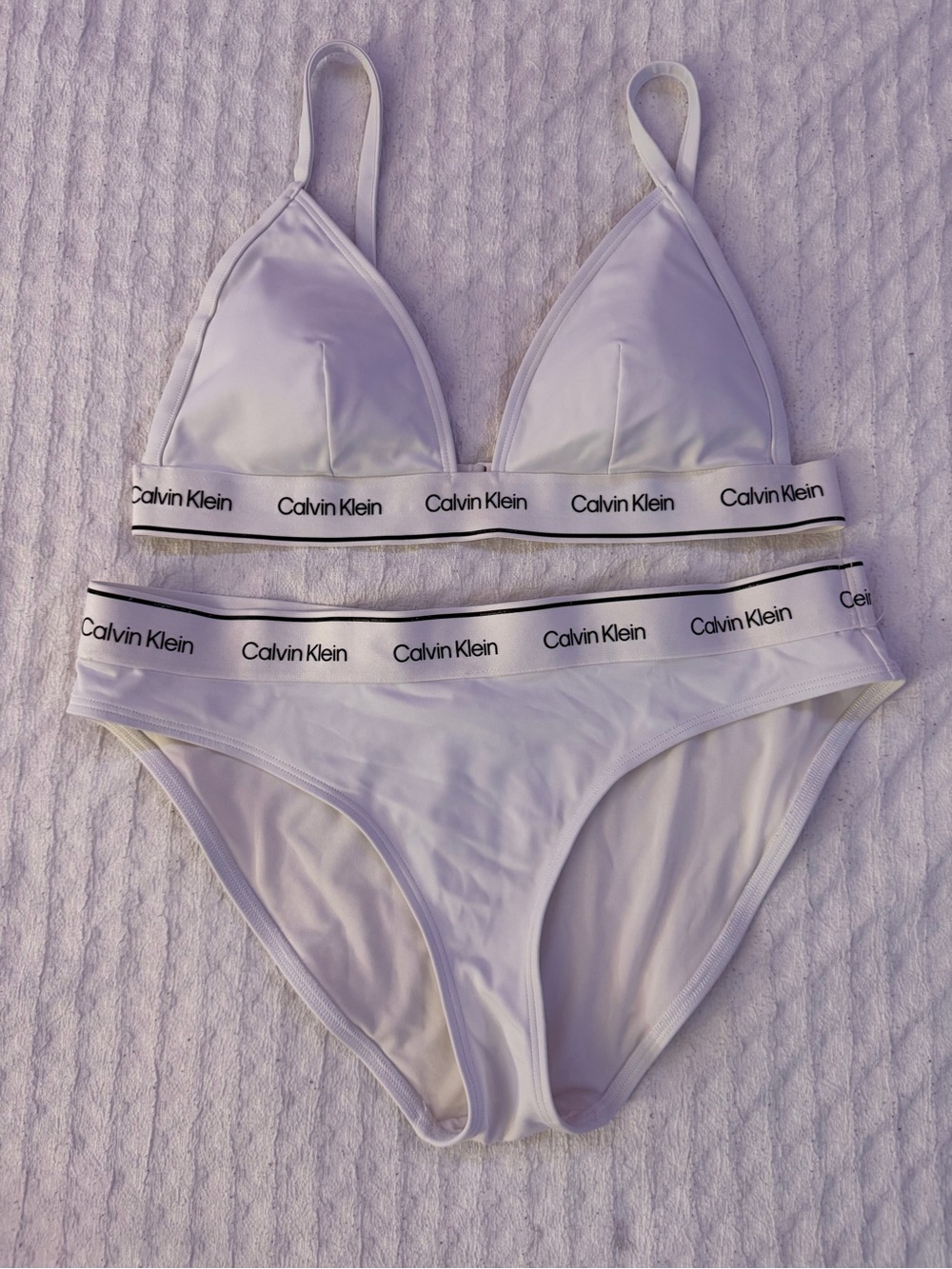 Calvin Klein White Bikini Set Logo Band Triangle Top | High Cut Bottom | size L
